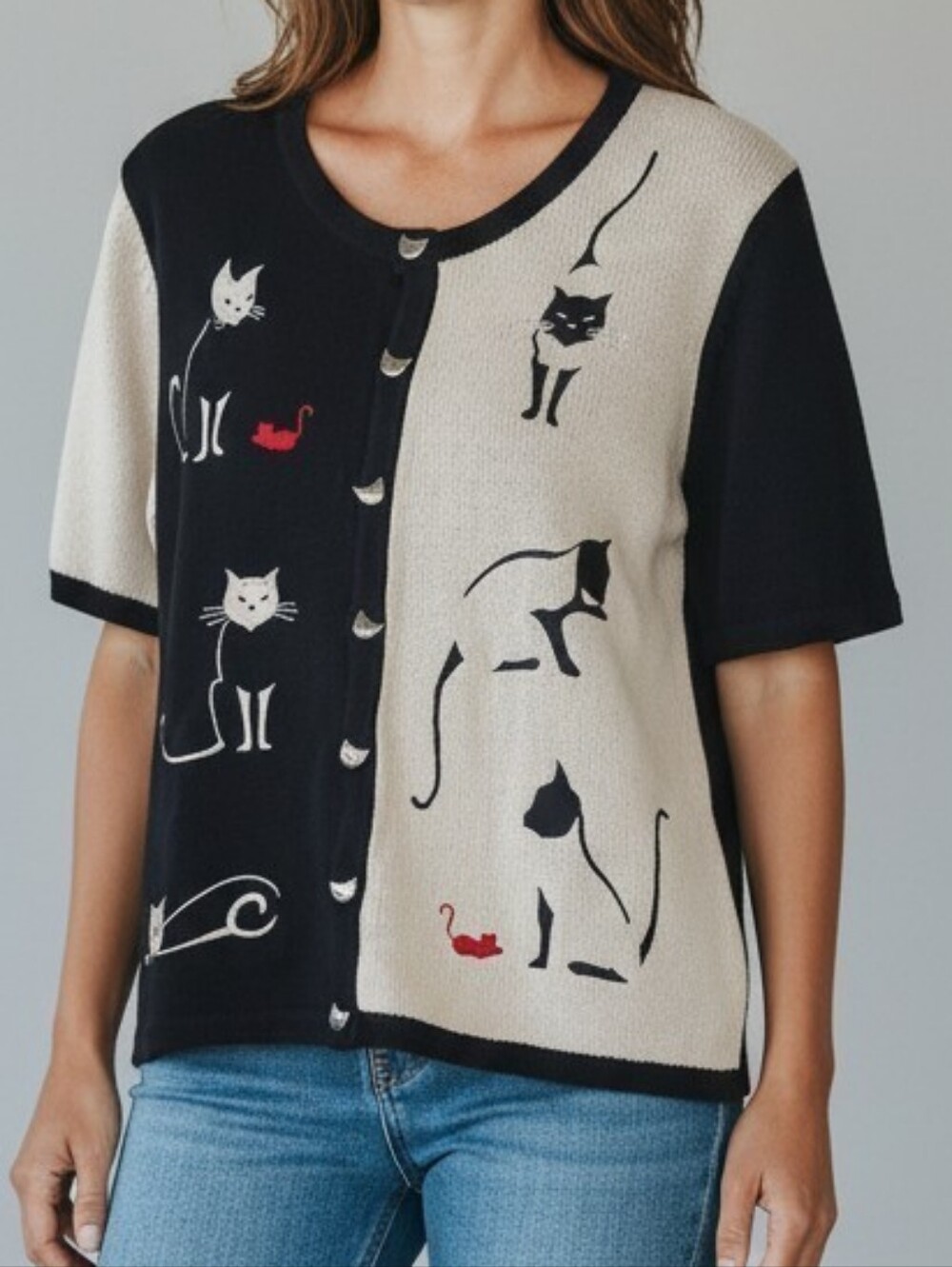 Christopher & Banks Vintage Cat Colorblock Novelty Cardigan Sweater Size S